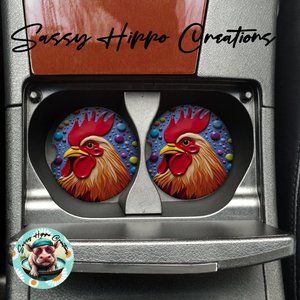 Car Coasters Rooster Chicken Pop Art Colorful Abstract Set of 2 Neoprene Absorb